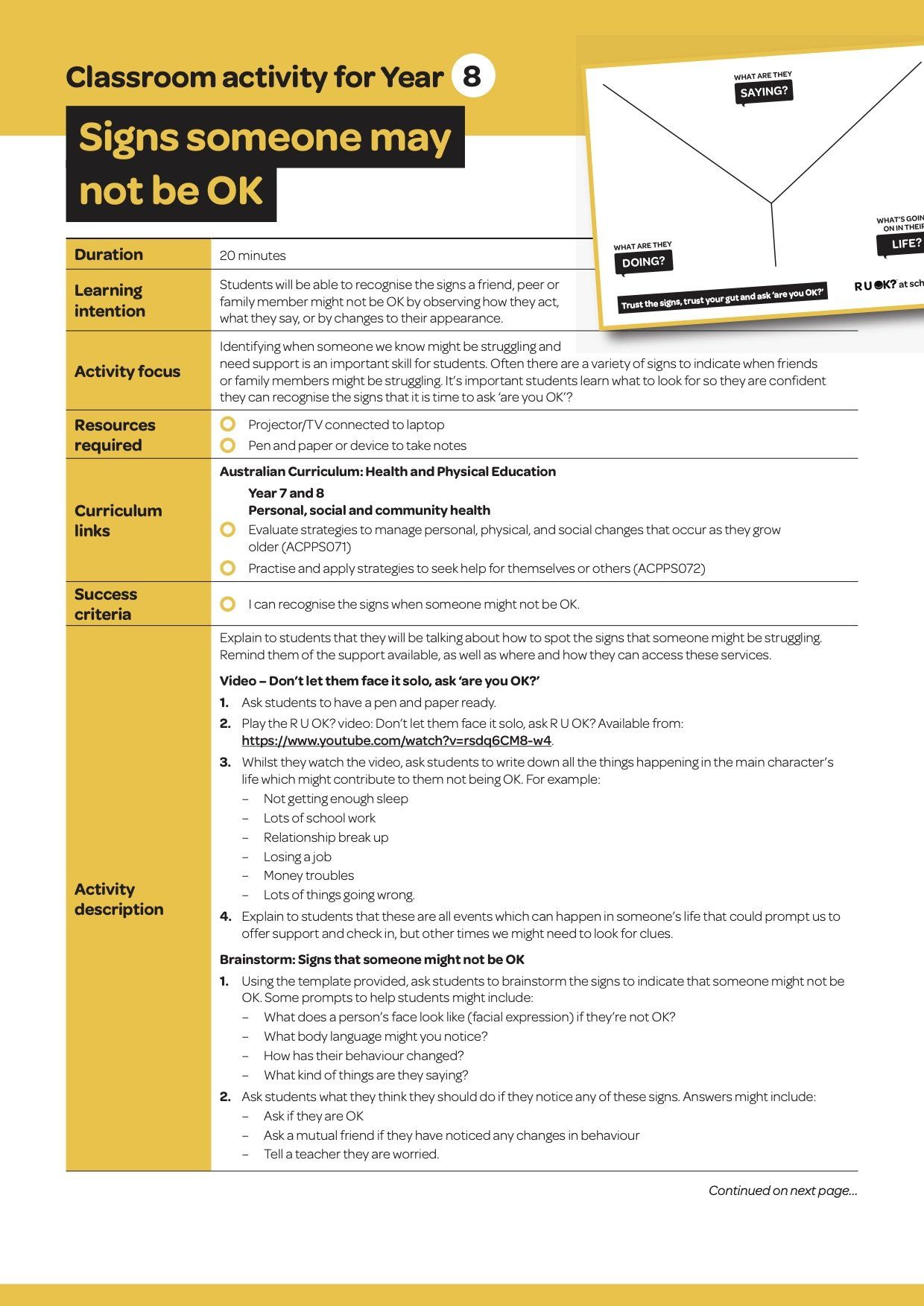 Classroom activity sheet for year 8 students on signs someone may not be OK